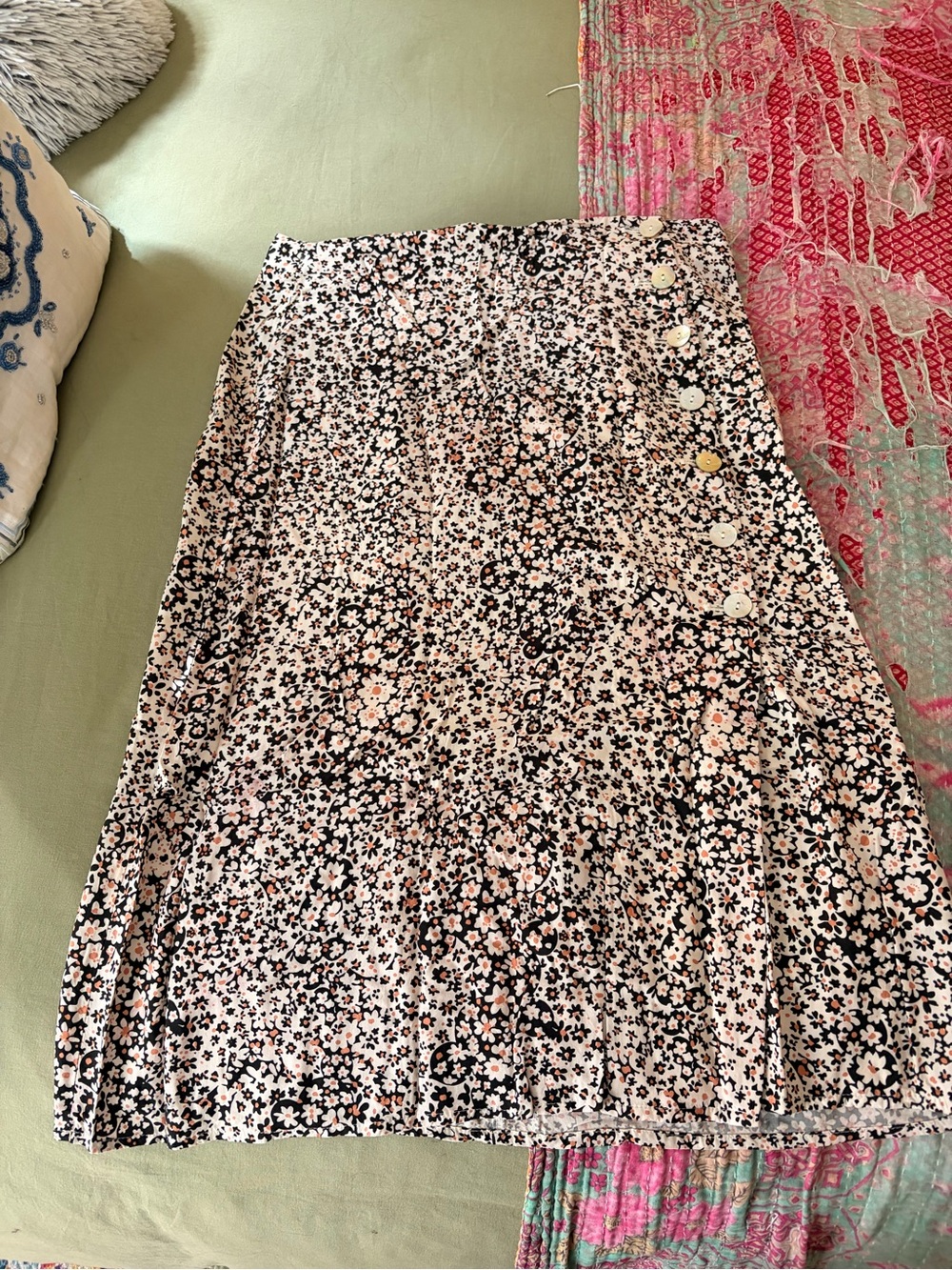 Madewell Black and Pink Floral Midi Skirt with Side Buttons